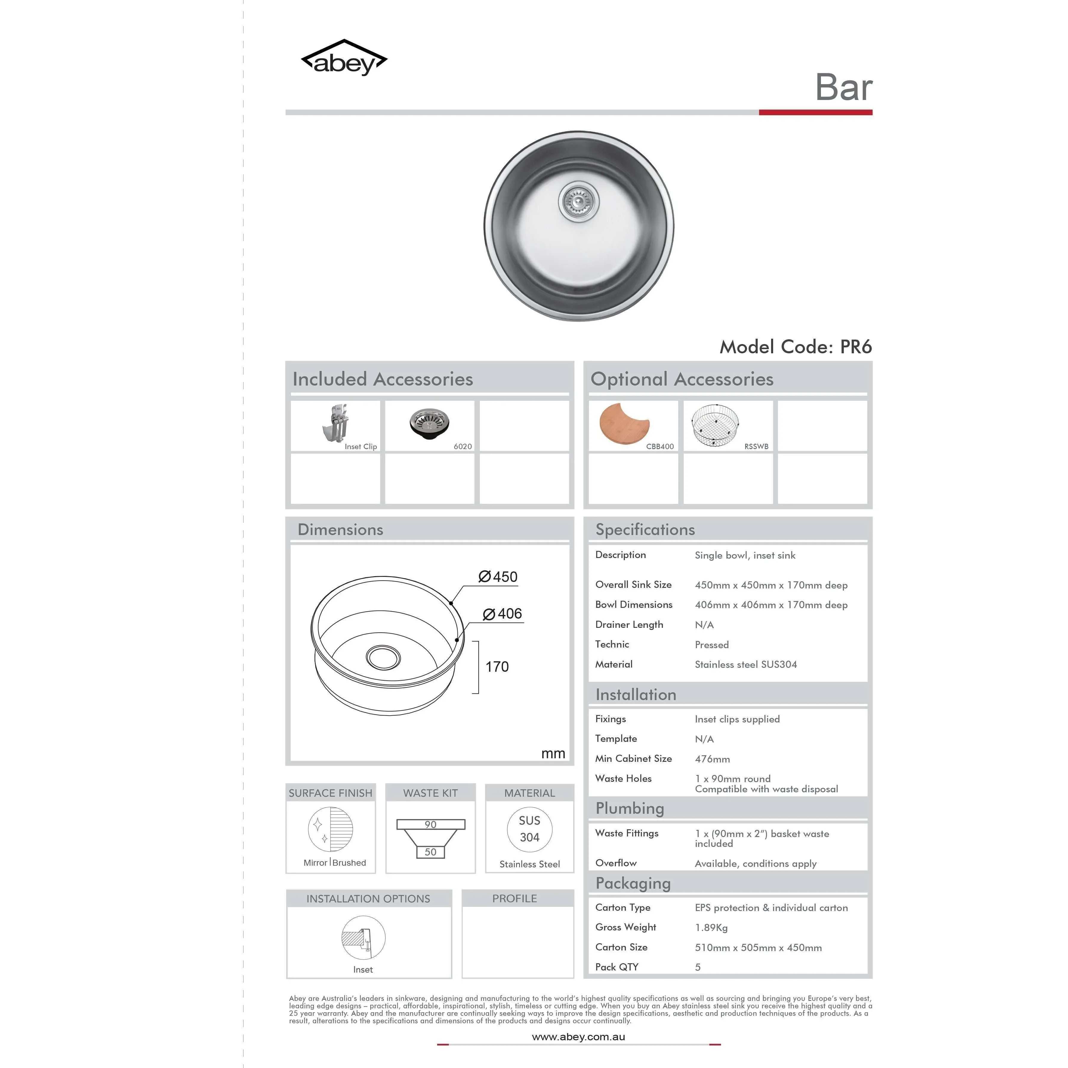 Abey Yarra Single Bowl Bar Sink 450mm - Image 3