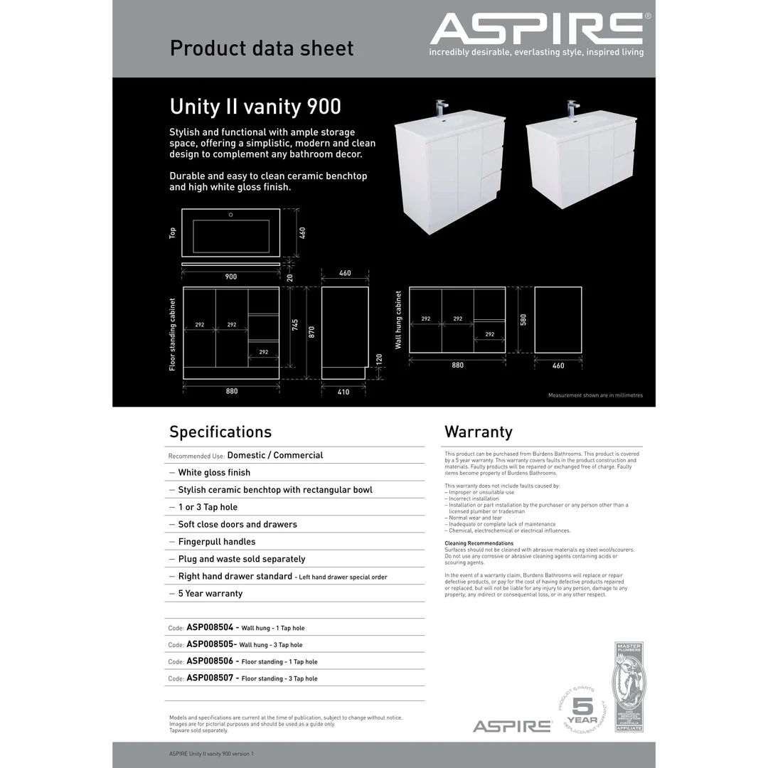 Aspire Unity II 900 Wall Hung Vanity 1 Tap Hole C/Q Sq Ceramic Top White - Image 4