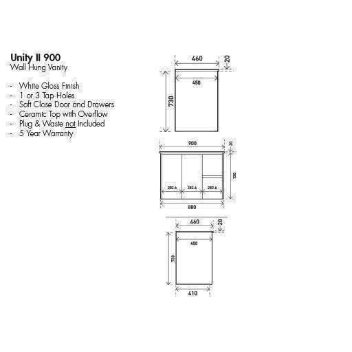 Aspire Unity II 900 Wall Hung Vanity 1 Tap Hole C/Q Sq Ceramic Top White - Image 6