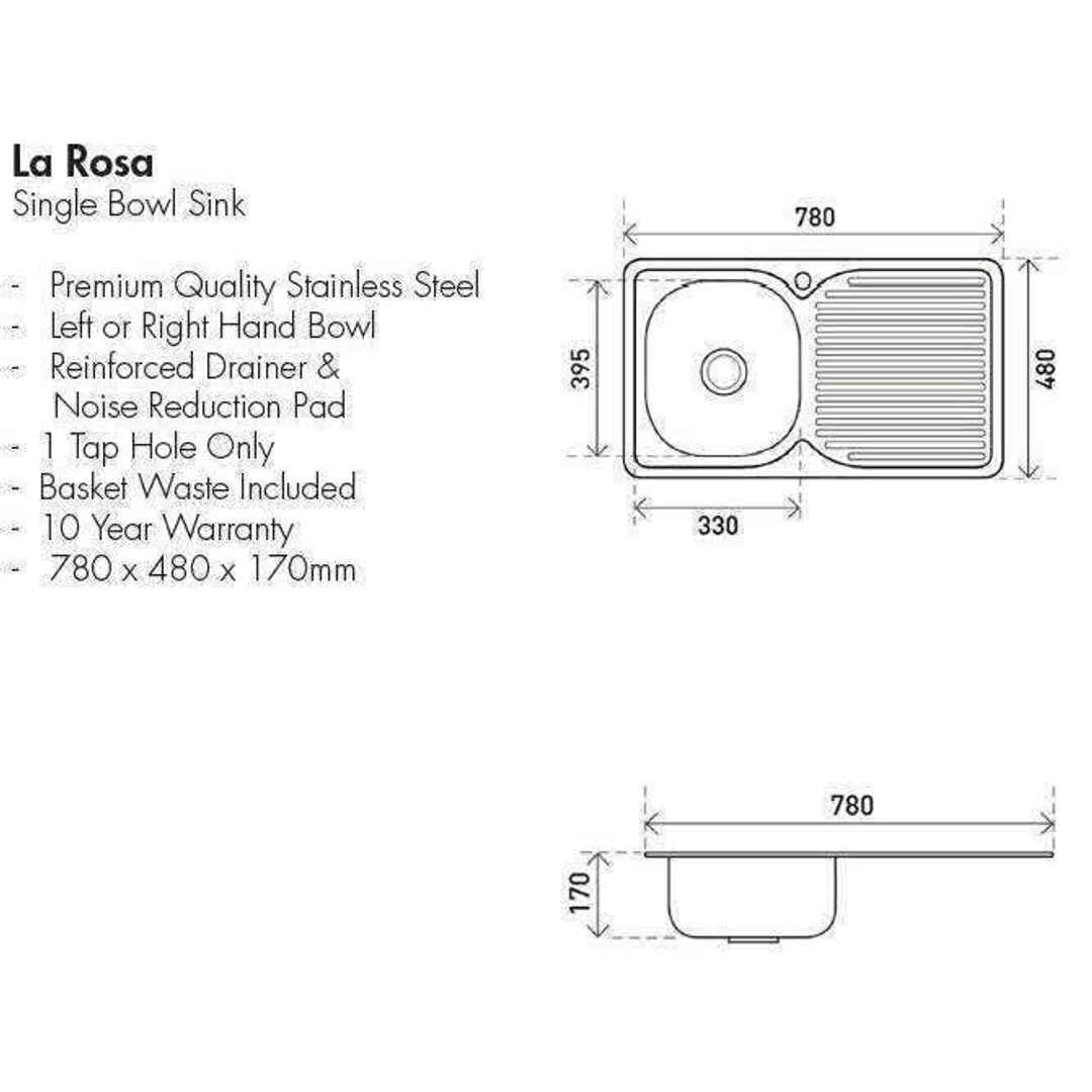 Aspire La Rosa 780 X 480 S/S Single Bowl Sink 1 Tap Hole Rh Bowl - Image 4