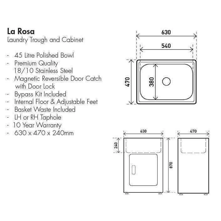 Aspire La Rosa 45 Lt Metal Cabinet And Tub C/W Bypass S/Steel - Image 5