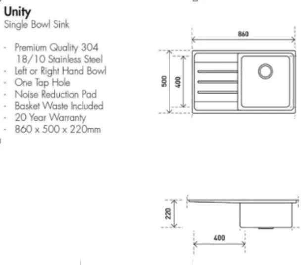 Aspire Unity Single Rh Bowl 860X500 S/Steel Sink - Image 3