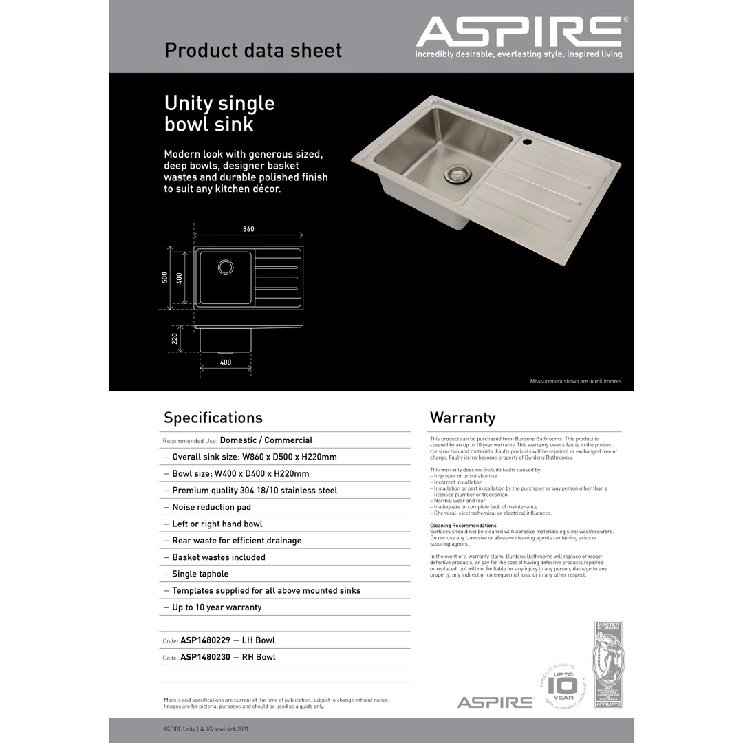 Aspire Unity Single Rh Bowl 860X500 S/Steel Sink - Image 6