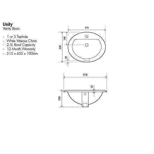 Aspire Unity Vanity Basin Inset 515 X 435 1 Tap Hole White - Image 5