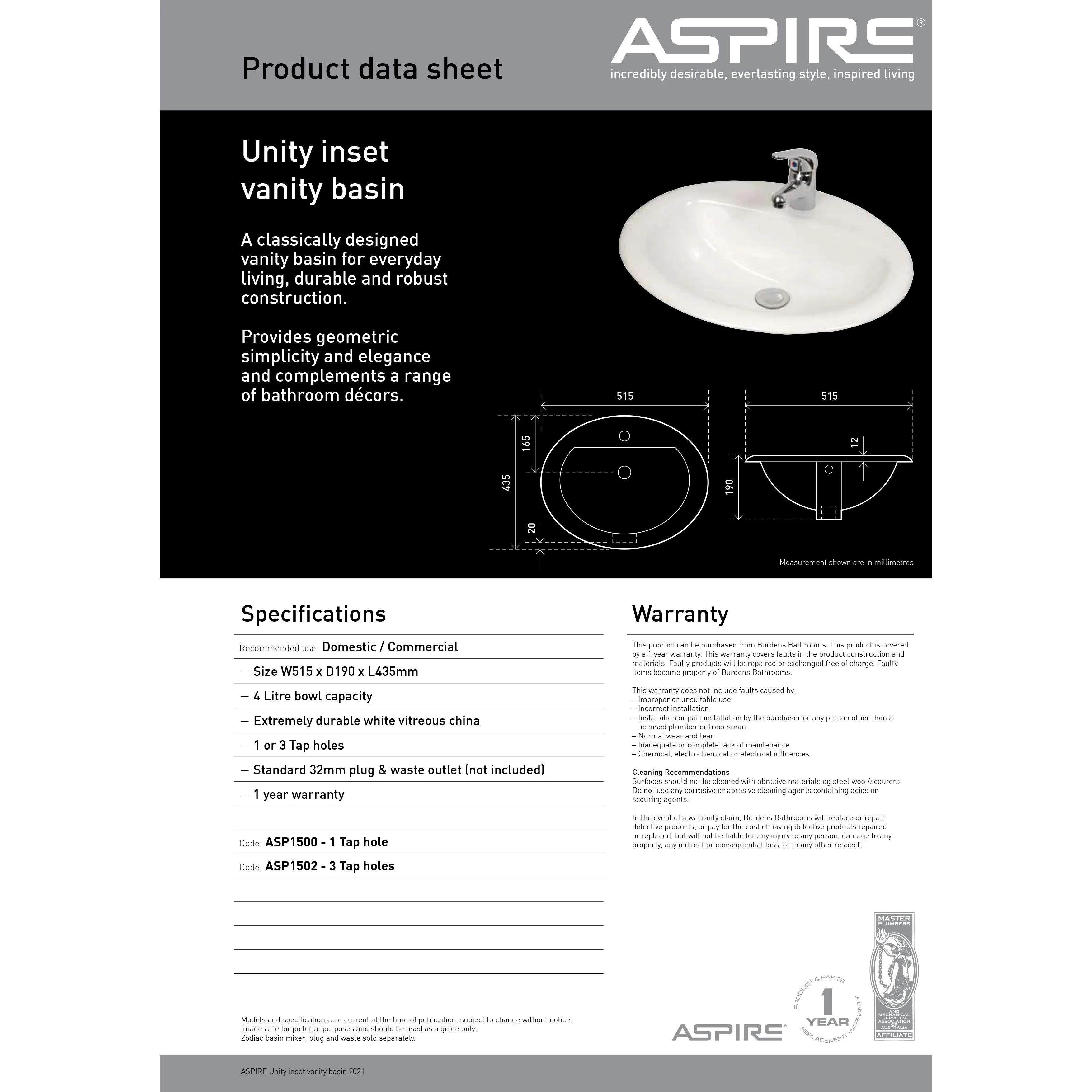Aspire Unity Vanity Basin Inset 515 X 435 1 Tap Hole White - Image 6