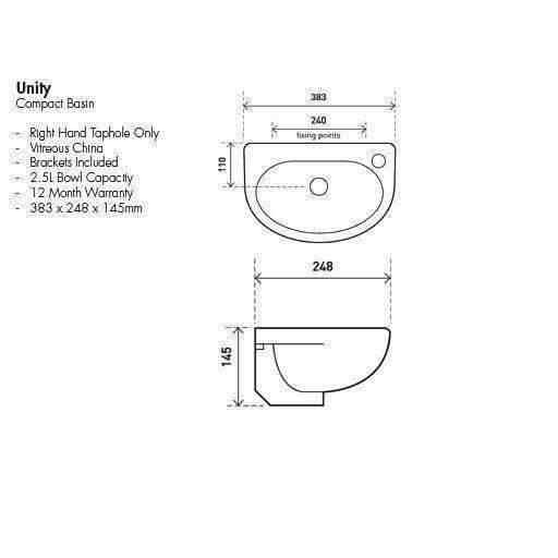 Aspire Unity Compact Wall Hung Basin 383X248 1 Tap Hole Rhs White **Sbc- - Image 7