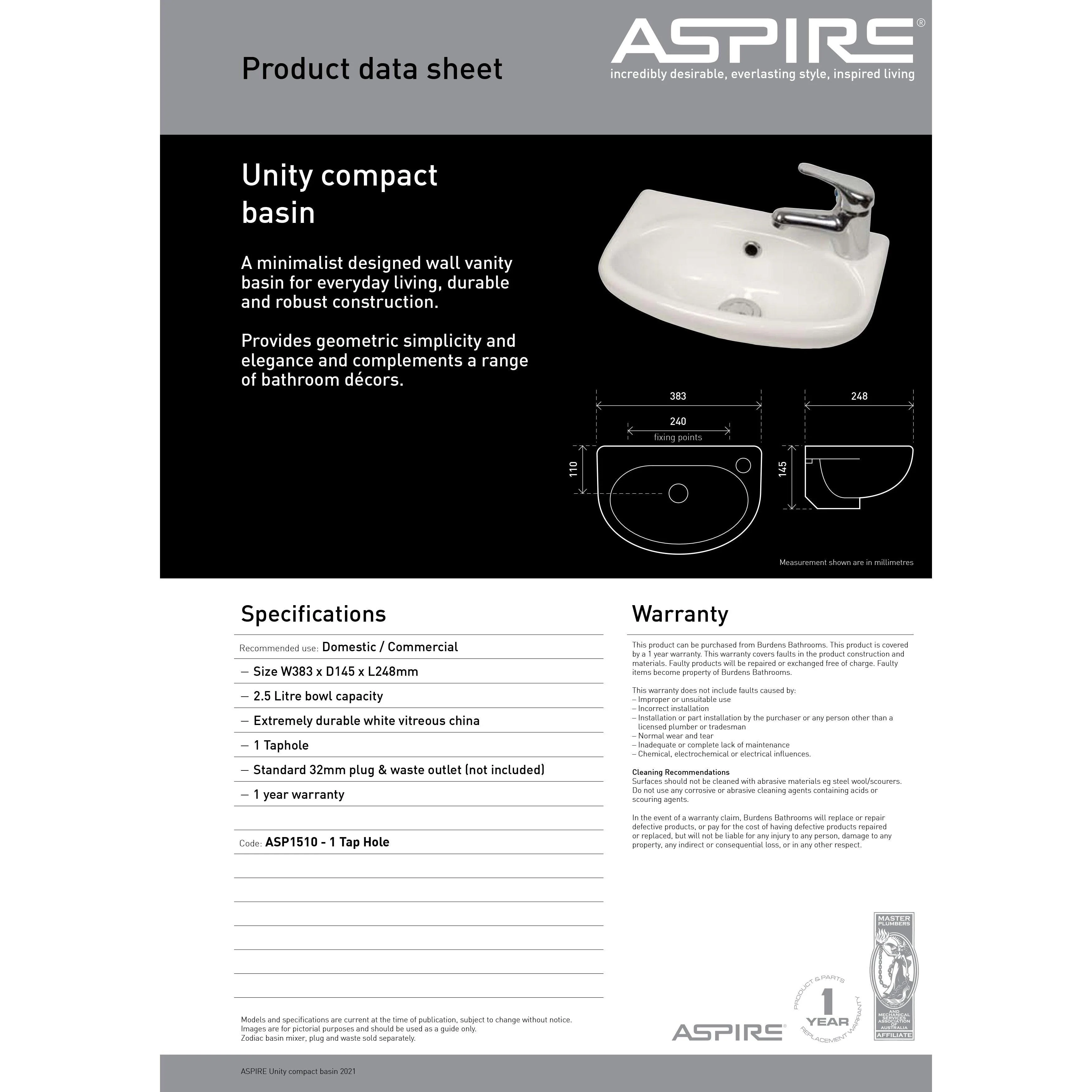Aspire Unity Compact Wall Hung Basin 383X248 1 Tap Hole Rhs White **Sbc- - Image 8