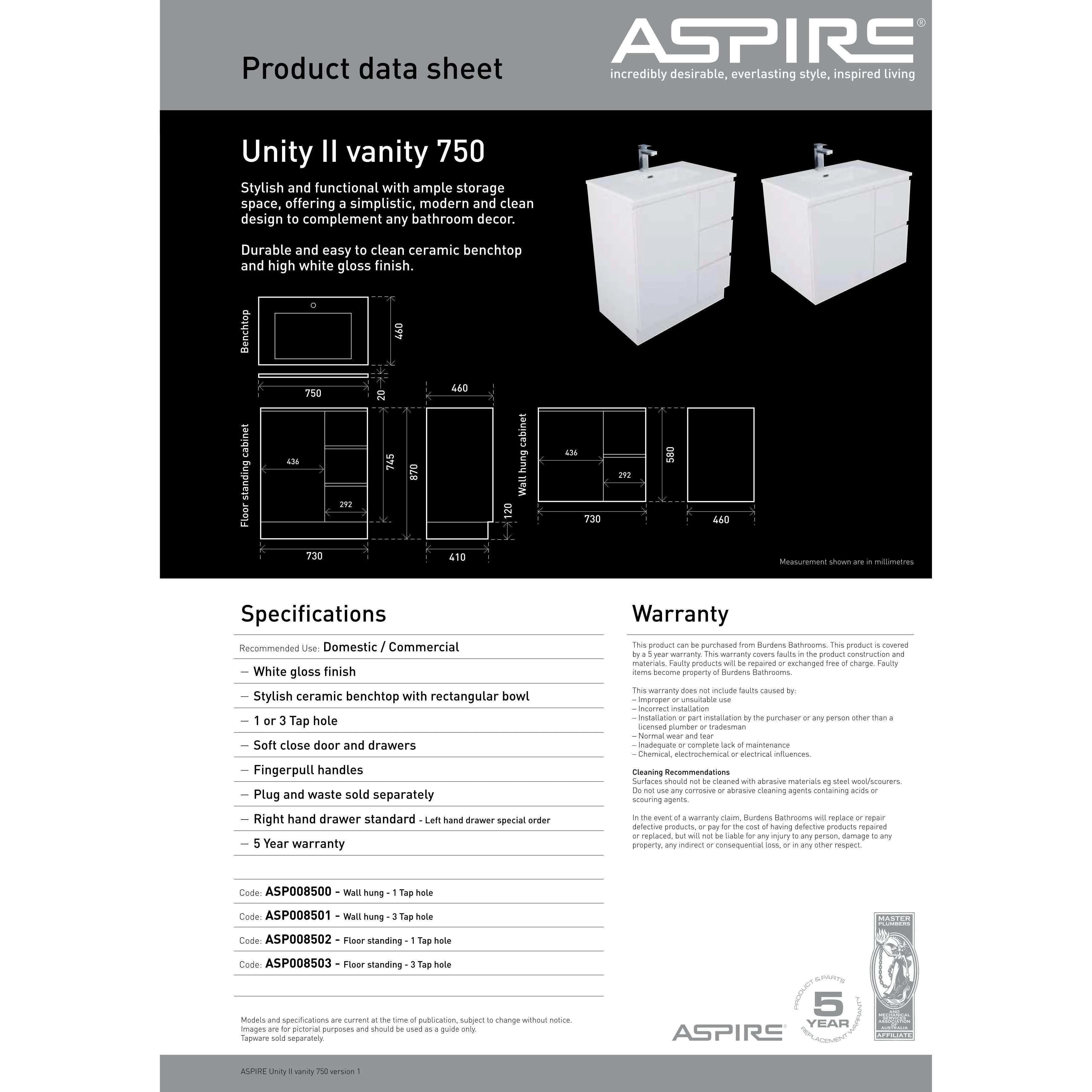 Aspire Unity II 750 Vanity 1 Tap Hole Floor C/W Sq Ceramic Top Whi - Image 5