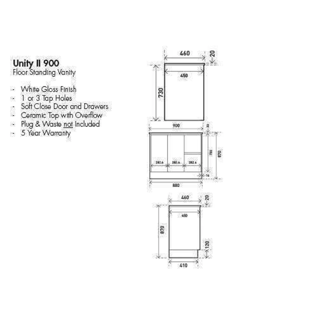 Aspire Unity II 900 Vanity Floor 1 Tap Hole C/W Sq Ceramic Top Whit Rh D - Image 4