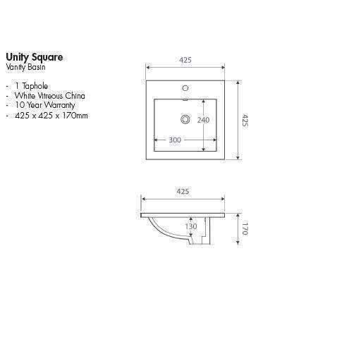Aspire Unity Square Inset Basin White 1 Tap Hole 425 X 425 X 170 - Image 6