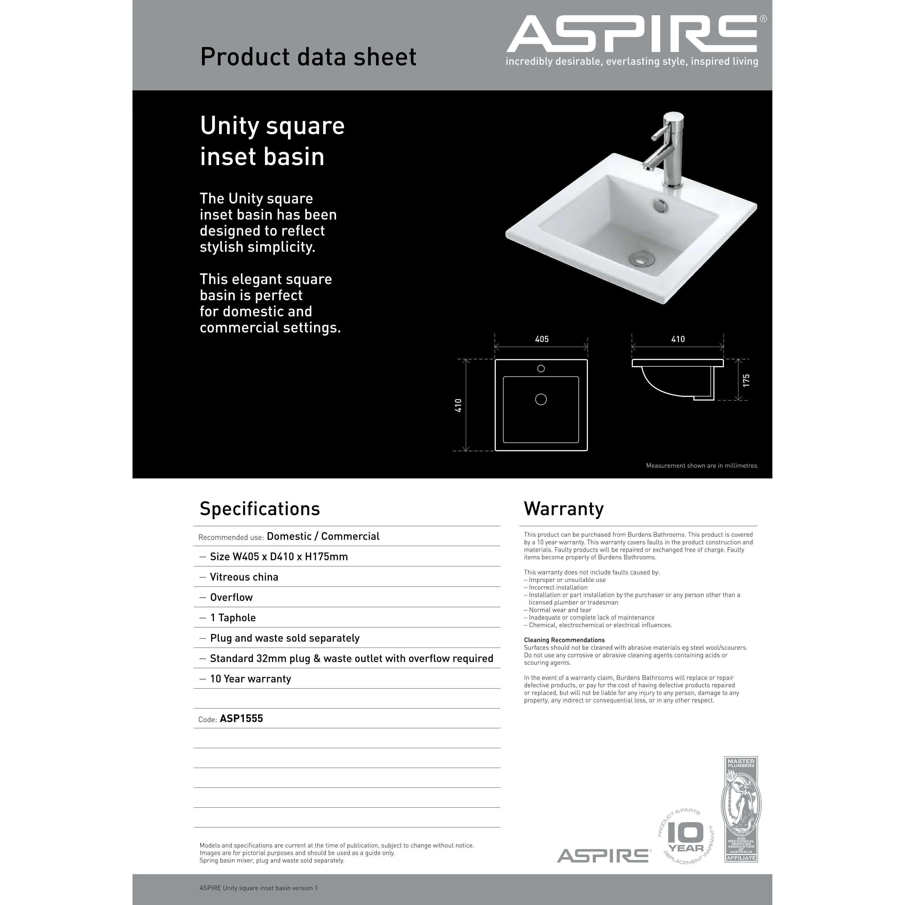 Aspire Unity Square Inset Basin White 1 Tap Hole 425 X 425 X 170 - Image 7