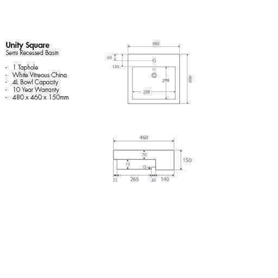 Aspire Unity Square Semi Recessed Basin White 1 Tap Hole 480 X 460 - Image 5