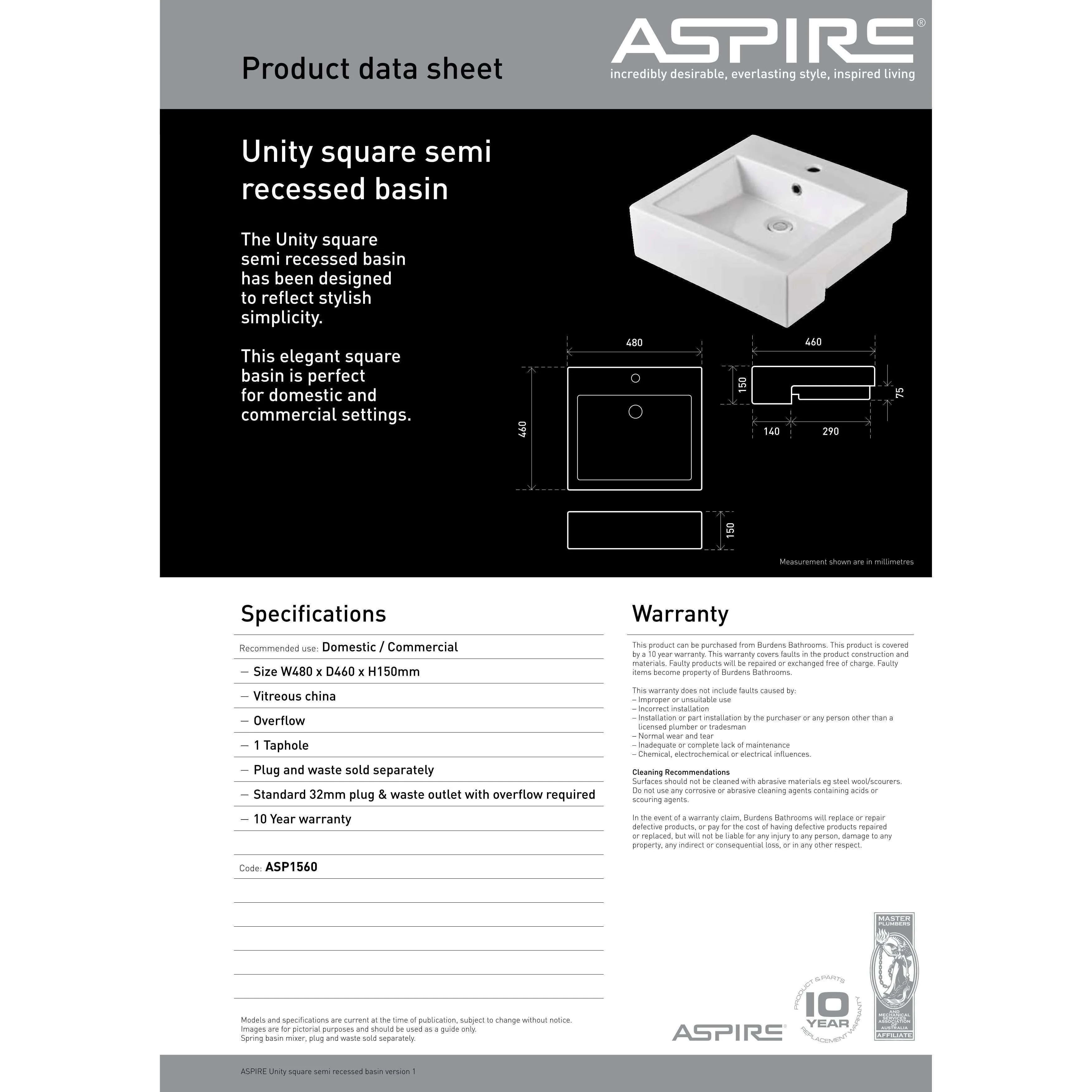 Aspire Unity Square Semi Recessed Basin White 1 Tap Hole 480 X 460 - Image 7
