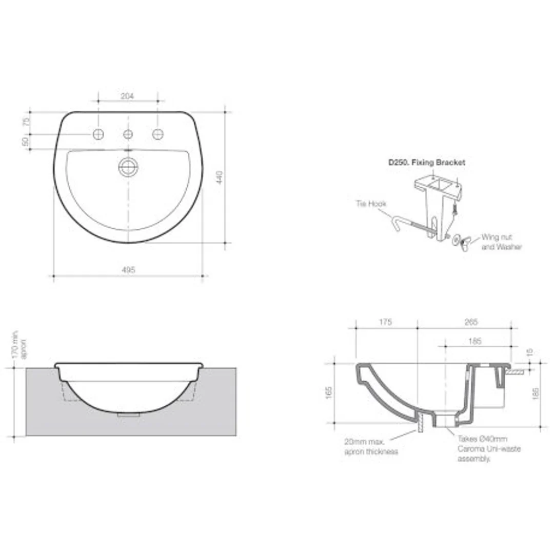 Caroma Cosmo Semi Recessed Basin 500mm X 440mm 1 Tap Hole White - Image 3