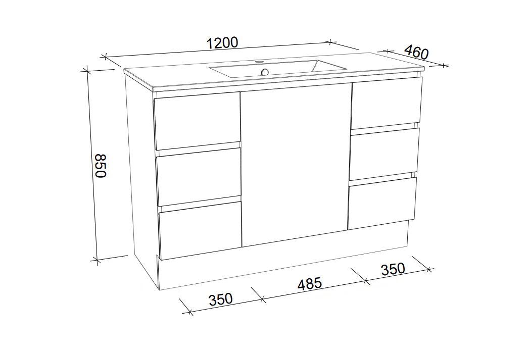 Harmony Six Drawer Vanity 1200mm, Centre Bowl Alpha Top, Floor Standing - Image 8