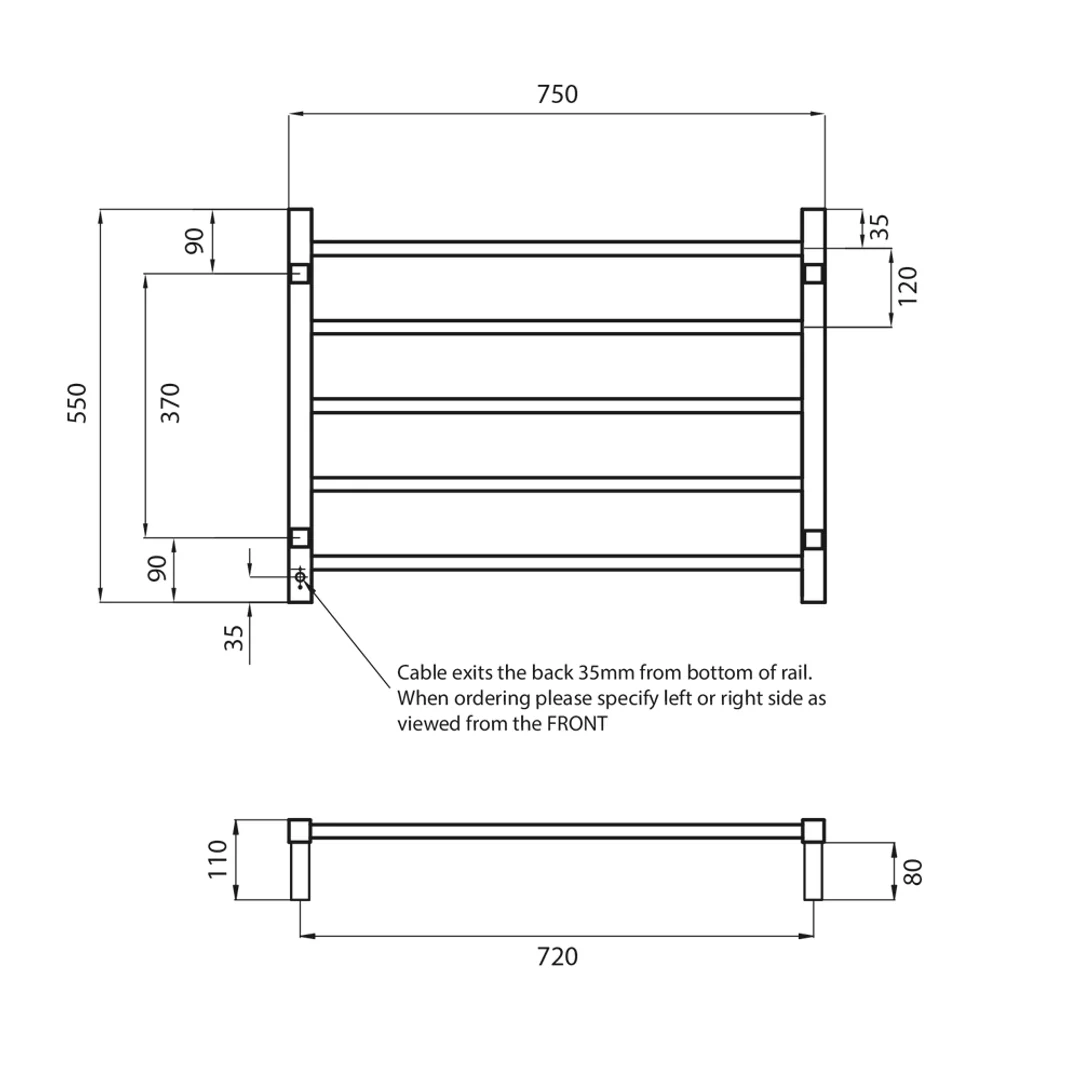 Radiant 5 Bar Sq Heated Rail  750 X 550 Polished S/S  Left Hand - Image 3