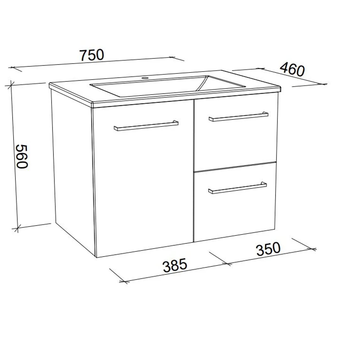 Timberline Carlo Wall Hung Vanity 750mm Regal Top White Gloss - Image 3